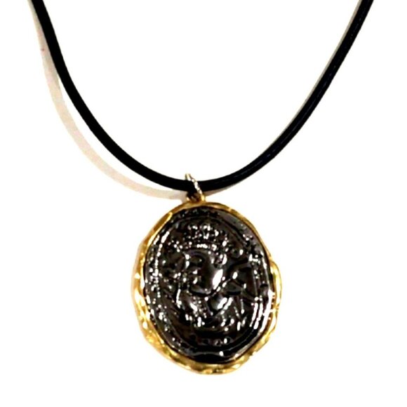Vintage-Inspired Medallion Pendant Necklace – Black Cord & Two-Tone Coin Charm - Picture 1 of 9